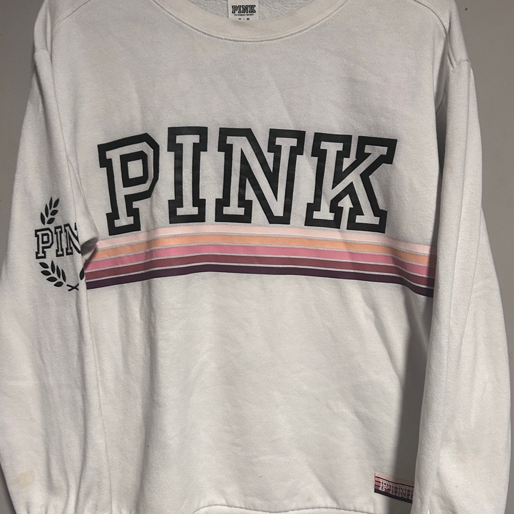PINK White Sweatshirt with Stripes
